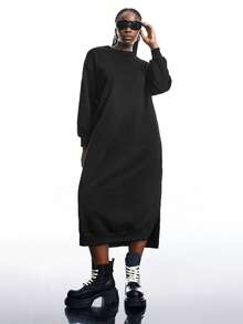 SHEIN EZwear 大码宽松休闲长款羊毛卫衣连衣裙，秋冬 - 黑色 - 查看 3