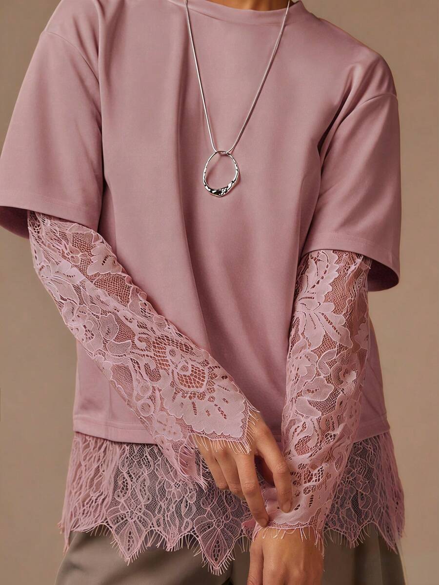 Athîral 女士休闲长袖蕾丝上衣，采用蕾丝饰边设计，舒适柔软的针织面料，宽松版型，适合女士休闲穿着、度假、外出、生日、嘉年华、春季等场合，粉色款。 - 藕粉色 - 查看 1