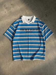 SWAVVY 男士休闲撞色条纹短袖Polo衫，夏季街头风男士复古衬衫蓝色条纹衬衫橄榄球衫Polo衫男士复古衬衫巴哈马衬衫 - 藍色 - 查看 5