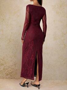SHEIN PETITE Women's New Summer Party Date Evening Sexy S-Shaped Lace Long-Sleeved Breast Cup Fishbone Square Neck Tight Bodycon Black Maxi Dress Burgundy,New Year's Outfit,Suitable For Daily Dating, Night Out, Nightclubs, Parties, Get-Togethers, Cocktail Parties - Red Violet - View 2