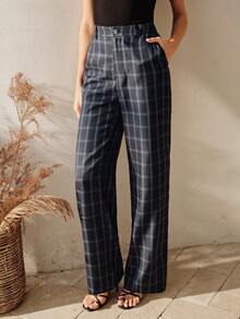 Anewsta 优雅格纹女式长裤，精致优雅的日常穿着之选 - 藏蓝色 - 查看 6