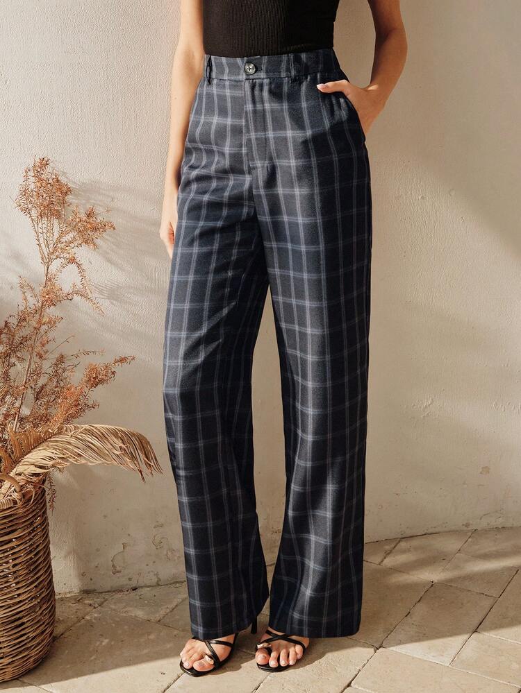 Anewsta Women's Navy Plaid High-Waisted Wide-Leg Pants, Elegant Spring/Summer Casual & Formal Office Wear Trousers