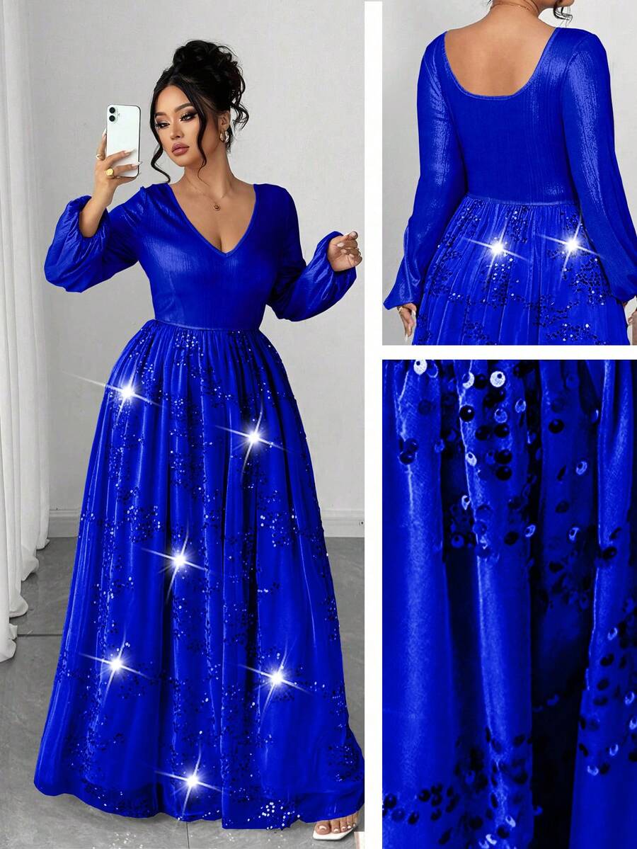 Elenzga Plus Size Women's Elegant Party Dress, V-Neck Sequin Mesh Patchwork Flared Hem Waist Cinched Solid Color Long Sleeve Evening Dress Royal Blue Shimmer Royal Blue Dress Plus Size Evening Gown Evening Gown Plus Size Royal Blue Dress Sequin Dress