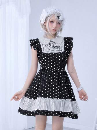 Kawaii Polka Dot Y2K Babe Letter Embroidery Peter Pan Collar Women Dress