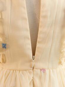 SHEIN Glamorique Kids Đầm công chúa thêu cho bé gái, tay ngắn, eo ôm, kiểu dáng trang trọng, phù hợp mọi mùa. - Màu be - Xem 3