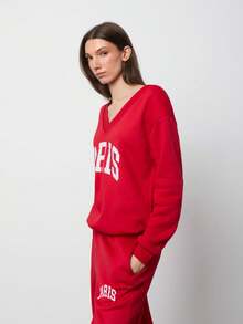 SURIMA 2pcs Red Women Oversized V-Neck Fluffy Fleece Elastic Loose Sweatshirt And Sweatpants Set, Autumn/Winter - Red - View 4