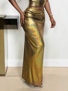 Xyvia Women's Metallic Textured Fabric Ruched Bodycon Skirt With Front Slit, Sexy And Elegant Design, Suitable For Birthday Gift, Date, Party, Music Festival, Singles' Day, Labor Day, Easter, Travel, Street Photography, Spring/Summer - Gold - View 4
