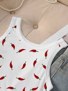 Resyla Women's Fitted Round Neck Chili Pepper Print Crop Top - Multicolor - View 4