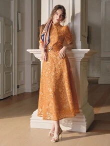 Anewsta Women's Yellow High Neck Fitted Mesh A-Line Dress, Elegant Embroidered Long Sleeve Dress, Spring/Summer - Yellow - View 3