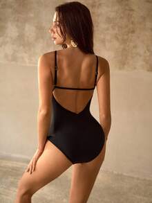 MOTF PREMIUM DELICATE GUIPURE LACE PATCHWORK HOLLOW OUT SPAGHETTI STRAP BACKLESS ONE-PIECE SWIMSUIT FOR VACATION - Black - View 2