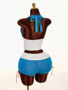 Amplova Conjunto de 2 peças com top de decote halter de tricô com flor 3D em contraste de cor e shorts de tricô de cintura baixa, novo em 2026 - Multicolorido - Visão 1