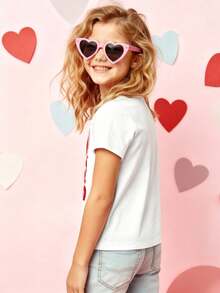 Niña camiseta casual diseño LOVE corazón estampado tridimensional tejido suave ajuste regular primavera verano uso diario T‑shirt - Blanco - Ver 2