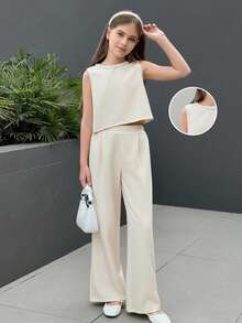 Firerie Kids Tween Girl 3D Beaded Sleeveless Top And Wide Leg Pants, 2 Pieces Summer Outfit, Fashionable & Elegant - Apricot - View 1