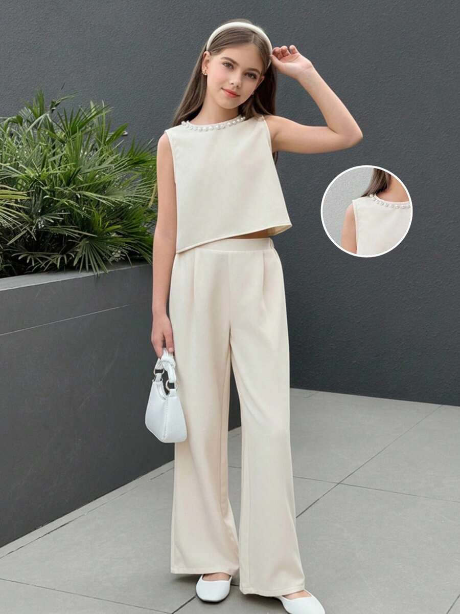 Firerie Kids Tween Girl 3D Beaded Sleeveless Top And Wide Leg Pants, 2 Pieces Summer Outfit, Fashionable & Elegant - Apricot - View 1