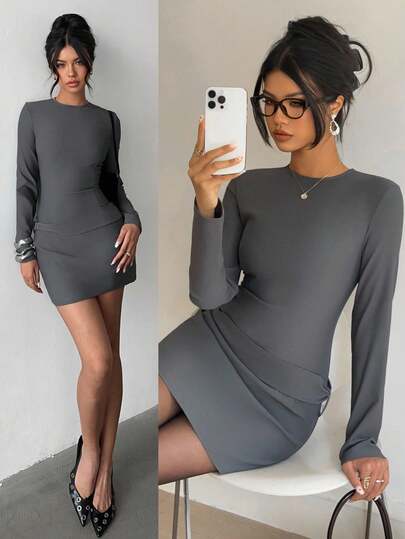 Aloruh Women's Elegant Solid Color Grey Long Sleeve Slim Fit Belt Mini Dress, Autumn/Winter,For Office, Siren Style, Commuting,Outgoing.
