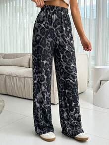Women's Leopard Print Elastic Waist Loose Wide Leg Casual Pants - Multicolor - View 4