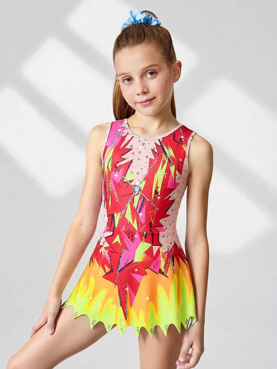 SHEIN Léotards imprimés sans manches pour préadolescentes, confortables et agréables à la peau, conception ajustée pour éviter l'exposition, vêtements d'activité de gymnastique rythmique, justaucorps pour compétition de danse scolaire, convient pour toutes les saisons automne hiver - Orange - Voir 1