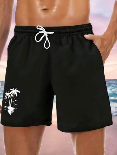 SHEIN 青少年男童撞色棕榈树印花休闲短裤，面料柔软，适合日常穿着、上学、旅行、户外运动。