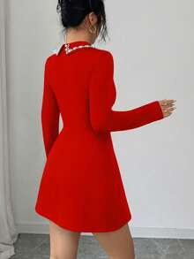 Selianne 新款优雅休闲百搭商务连衣裙，黑白撞色A字裙，尽显女性柔美时尚，圣诞节装扮，小领珍珠装饰，收腰设计，长袖，节日庆典礼服，适合度假、独立日、劳动节、哥伦布日、感恩节、情人节等场合。 - 紅色 - 查看 2