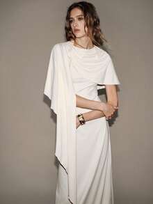 Lumivelle Women's Elegant Boat Neck Fitted Waist Shawl Collar A-Line Maxi Dress, Summer Long White Dress Women Bride White Silk Dress Draped Dress White Dress With Sleeves - Beige - View 5