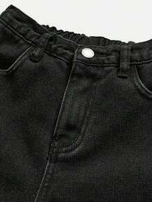 SHEIN 少女基础款灰色牛仔保暖内衬宽松牛仔裤，秋冬季保暖休闲高腰阔腿牛仔裤，百搭Y2K风格，适合教师、返校、教堂穿着、商务休闲女孩、工装牛仔裤连衣裙、秋冬季宽松裤、高腰长款阔腿牛仔裤、街头风、冬季裤装、羊羔绒牛仔裤、保暖牛仔裤 - 黑色 - 查看 4