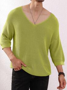 Manfinity Homme Men's Casual V-Neck Loose Fit Solid Color Pullover Sweater, Versatile For Daily Commute, Autumn/Winter Men Sweater Top Men V Neck Sweater Olive Green Men Top Men Green Sweater Men Knit Tops - Mint Green - View 4