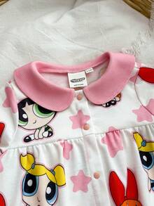 THE POWERPUFF GIRLS X SHEIN Baby Girl Cute Cartoon & Star Print Long Sleeve Jumpsuit, Autumn - White - View 3