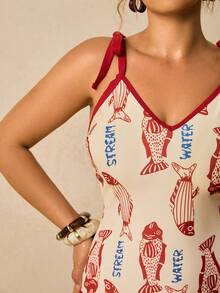 Travachic 大码女士连体泳衣，海洋生物图案，鱼纹印花细肩带V领泳装 - 彩色 - 查看 7