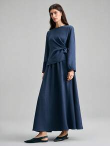 Ontre 2026春夏新款两件套，包含条纹蓝色系带上衣和A字裙，休闲波西米亚风格，适合度假、派对、春季、情人节、海滩等场合，尽显优雅气质。 - 藏蓝色 - 查看 4