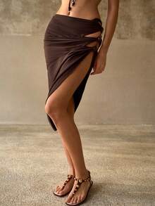 MOTF PREMIUM 时尚针织高弹琥珀色珠饰镂空罩裙 - 棕色 - 查看 3