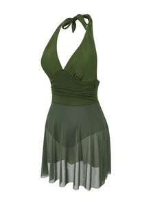 Bonvoyette Áo tắm liền thân cổ chữ V sâu, màu trơn, buộc dây qua cổ dành cho nữ - xanh quân đội - Xem 4