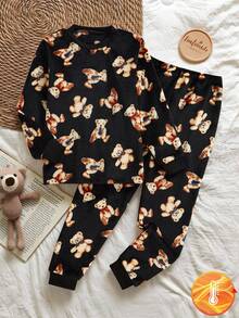 Tween Boys Flannel Loungewear Set,Black Polka Dot Autumn Cute Lounge 2-Piece Teddy Bear Pattern Round Neck Long Sleeve Top & Pants Kids Pajama Set - Black - View 6