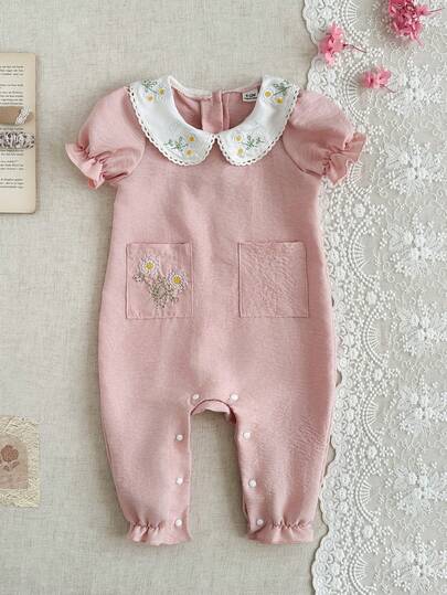 SHEIN 1 pieza/Mono informal de verano para niña con bloqueo de color, ribete de encaje y flores bordadas, cuello redondo