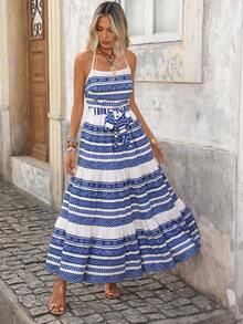 Vivid Eden Bohemian Style Geometric Print Sleeveless A-Line Midi Dress, Casual Vacation Wear For Women, Spring/Summer - Blue and White - View 3