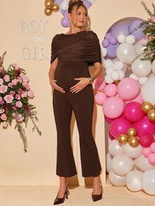 Loomaby 孕妇纯色褶皱优雅喇叭连体裤 - 咖啡棕 - 查看 1