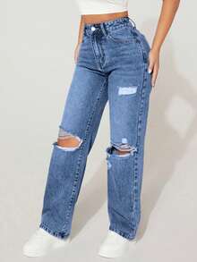 SHEIN PETITE 女士休闲破洞口袋牛仔裤 - 深色水洗藍 - 查看 3