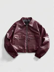 ROMWE MEN Street Life Spring Casual Graphic Men'S Solid Color Pu Leather Zip Front Utility Pocket Casual Jacket - Burgundy - View 1