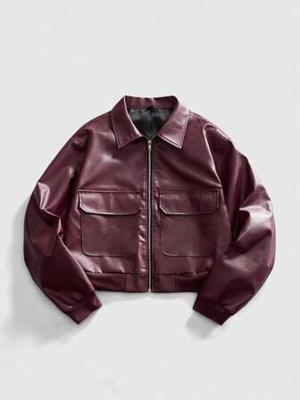 Street Life Men's Solid Color PU Leather Zip Front Utility Pocket Casual Jacket