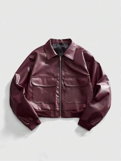 ROMWE MEN Street Life Spring Casual Graphic Men'S Solid Color Pu Leather Zip Front Utility Pocket Casual Jacket