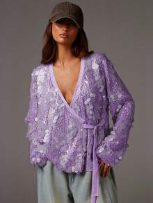 Athîral Women's Purple Sequin Decorated Long Sleeve Shirt - Mauve Purple - View 4