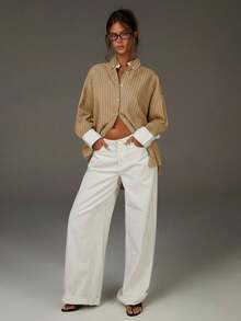 Athîral Women's Fashion Casual Striped Print Button-Down Long Sleeve Shirt - Khaki - View 3