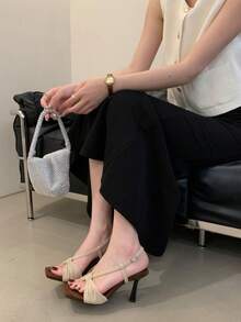 Zapatos de tacón de aguja con estampado de leopardo sensual de inspiración francesa, zapatos de tacón alto para mujer, sofisticado diseño con punta cuadrada y lazo, sandalias romanas para mujer, sandalias de tacón alto para mujer. - Albaricoque - Ver 4