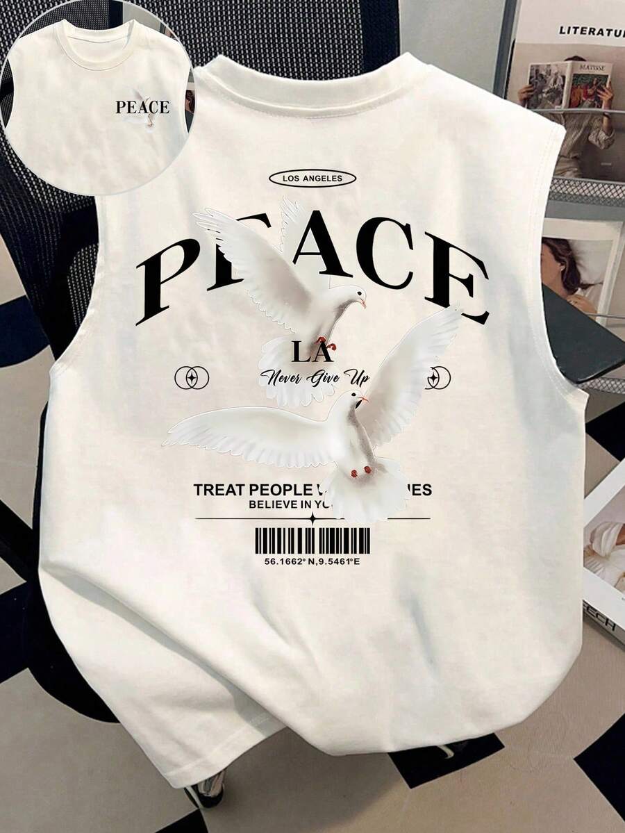 Manfinity Dauomo Men's Casual Fashionable Street Pigeon Letter Print Loose Tank Top, Suitable For Daily Commute In Summer