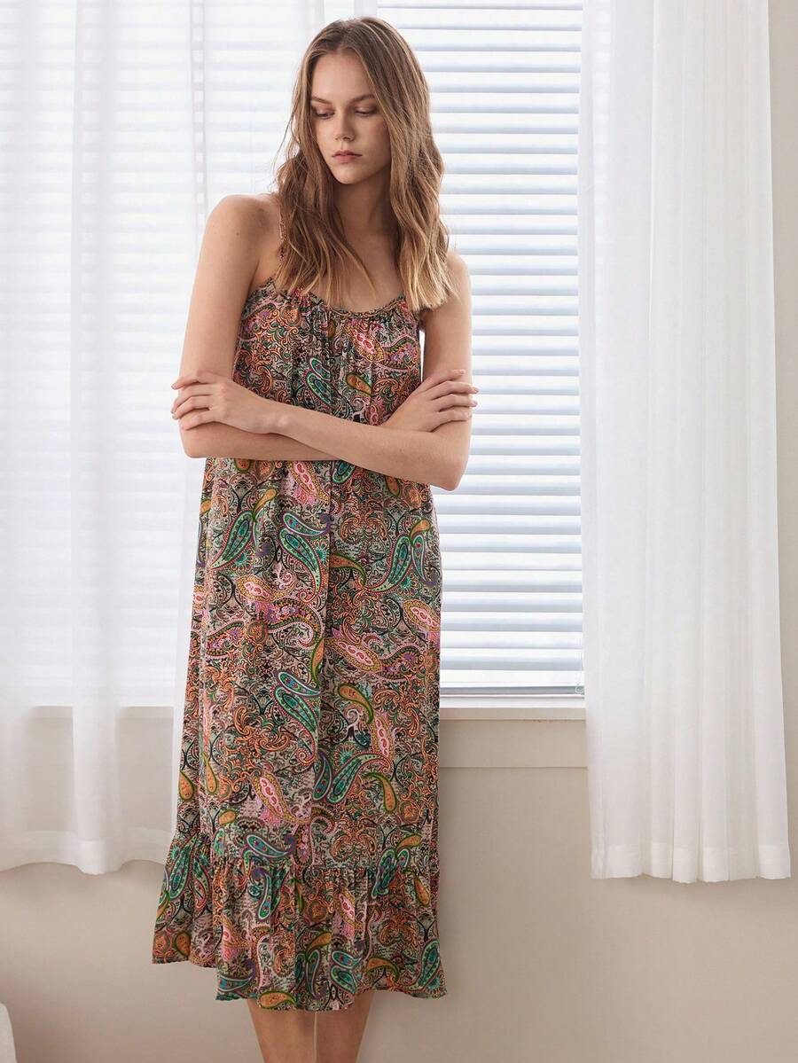 Ocili 女士佩斯利花纹腰果花图案舒适宽松吊带睡裙，休闲睡衣 - 彩色 - 查看 1