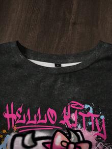 HELLO KITTY AND FRIENDS | SHEIN 大码女式休闲时尚街头趣味可爱卡通字母印花水洗宽松T恤，夏季 - 白色 - 查看 5