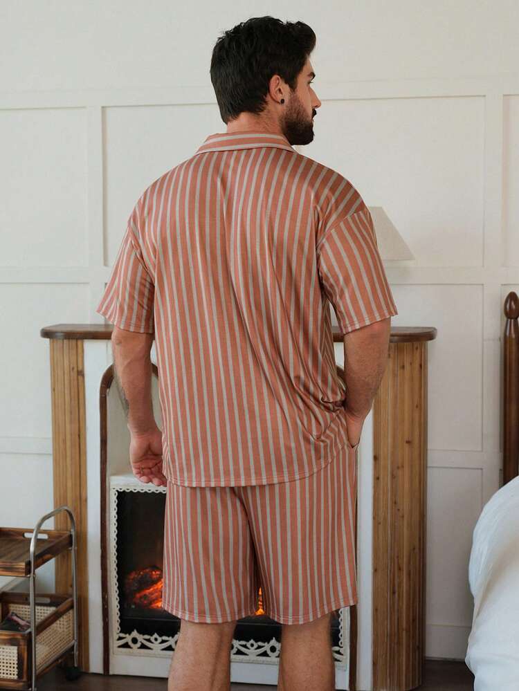 Men's Striped Brown Pajama Set, Summer