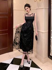 DAZY Đầm dài không tay cổ tròn ren hình bướm thanh lịch dành cho nữ, đầm maxi mùa hè. - màu đen - Xem 3