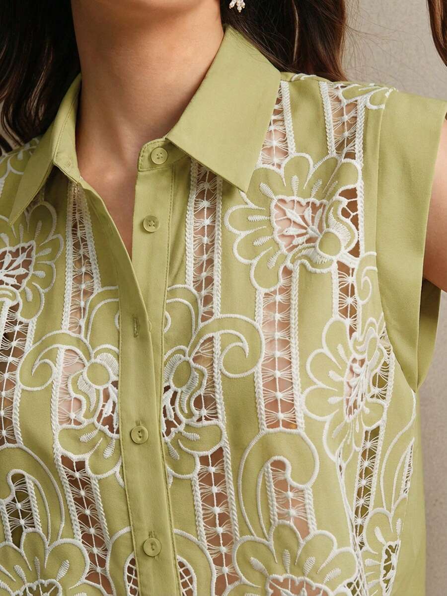 Women's Luxury Vintage Embroidered Sleeveless Top And Lace Shorts Set Short Suit Set Women - Green - View 1