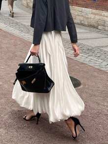 Serisse 女士纯色褶皱简约 A 字裙，休闲日常穿着