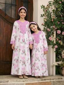 SHEIN Young Girl Pink Bow Tie Dress Ditsy Floral White Autumn Family Matching Elegant Vintage Chiffon Long Sleeve Arabic Abaya Modest Kaftan Kids Jalabiya - Pink - View 8